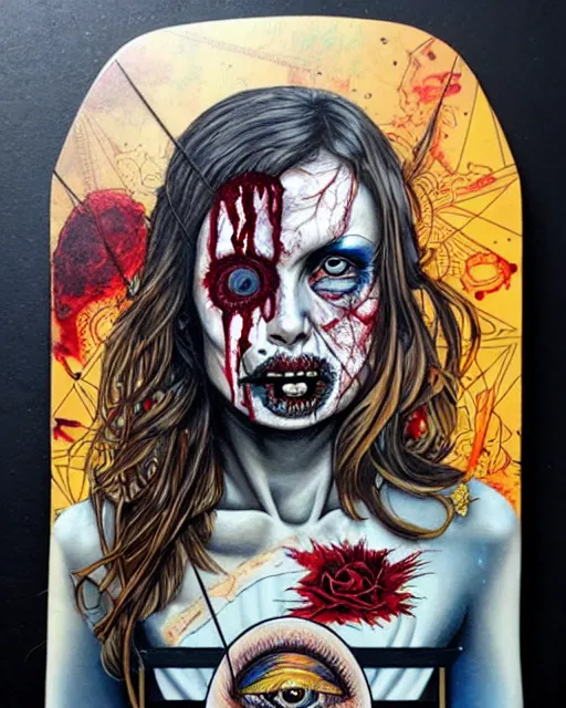 Image similar to a tarot card portrait horror and blood with sea and ocean intricate details by Sandra Chevrier