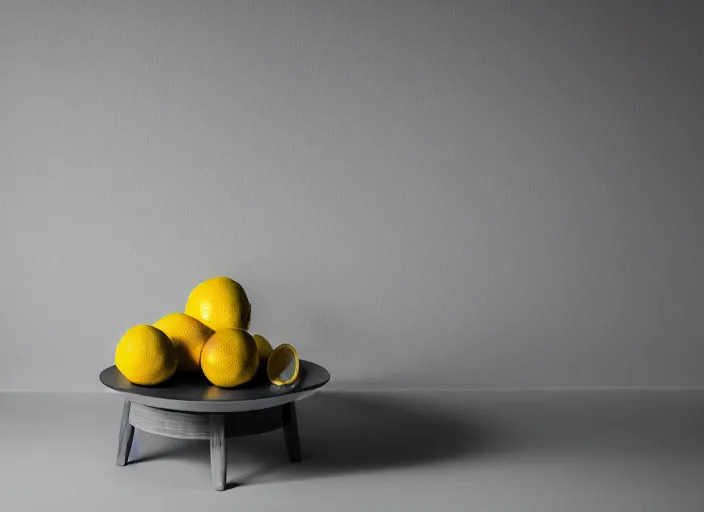 Image similar to dark liminal room, lemon sits idly on a centered table, eerie atmosphere, dark dramatic lighting, trending on unsplash, 4 k photorealism