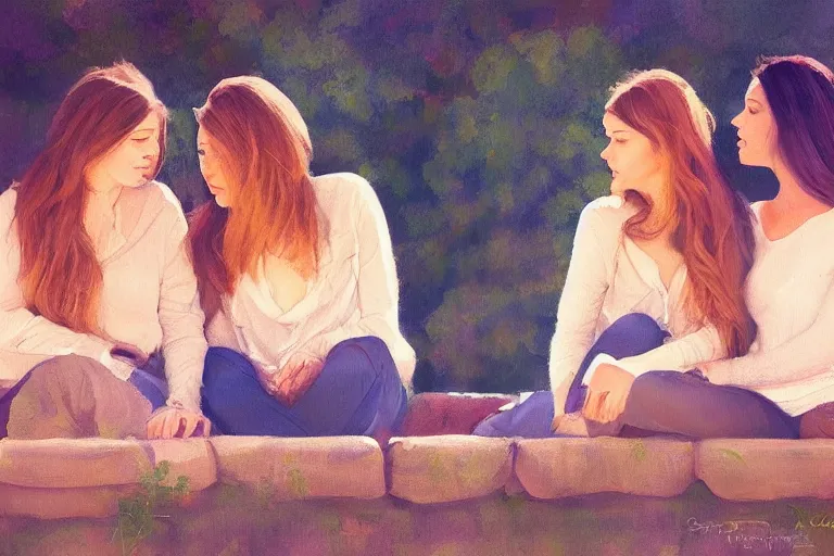 Image similar to beautiful painting of friends, beautiful faces, sitting on the edge, cute, soft light, digital painting