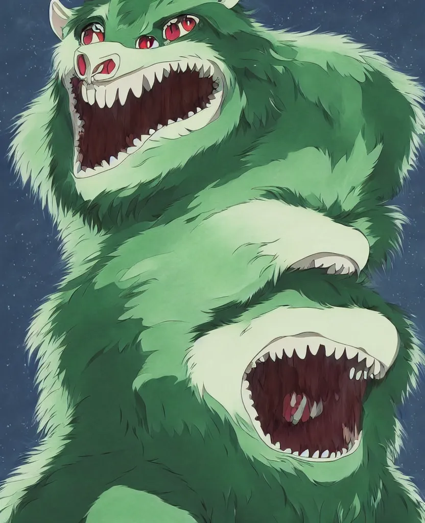 Prompt: beautiful painting from the anime film by studio ghibli, green anthropomorphic wherewolf human hybrid, drooling teeth bared, fur, trending on artstation