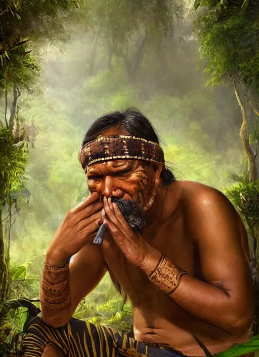 Image similar to a beautiful portrait of an indigenous man sitting in the jungle, surrounded by smoke, smoking a pipe, praying with tobacco, mysterious atmosphere, fantasy art, matte painting, highly detailed