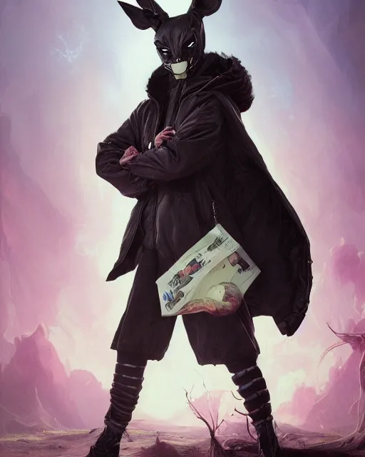 Image similar to beautiful fantasy character portrait, donnie darko, wearing oversized puffy pink bomber jacket and black bikini, ultra realistic, wide angle, seductive pose, cyberpunk artifacts, highly detailed by peter mohrbacher, pixar, malti klarwein, boris vallejo, aaron horkey, gaston bussiere, craig mullins