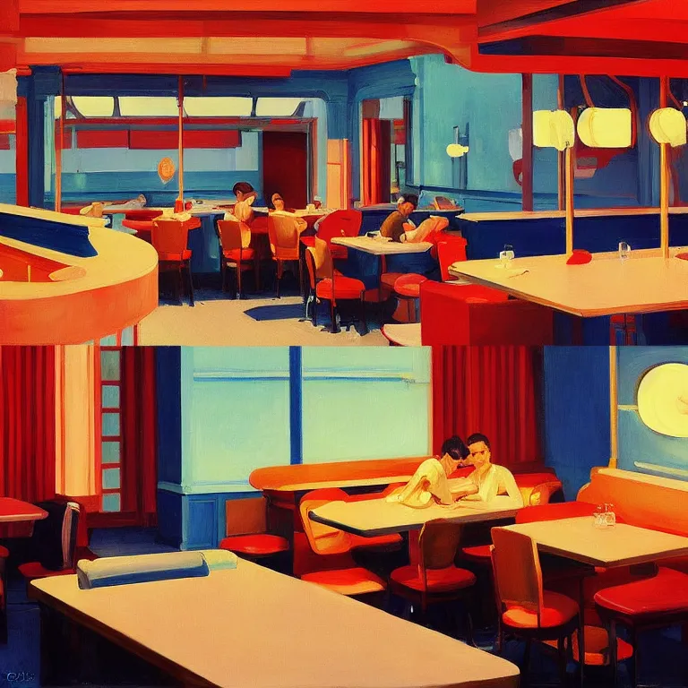 Prompt: inside a diner, painted by Edward Hopper, painted by James Gilleard, airbrush