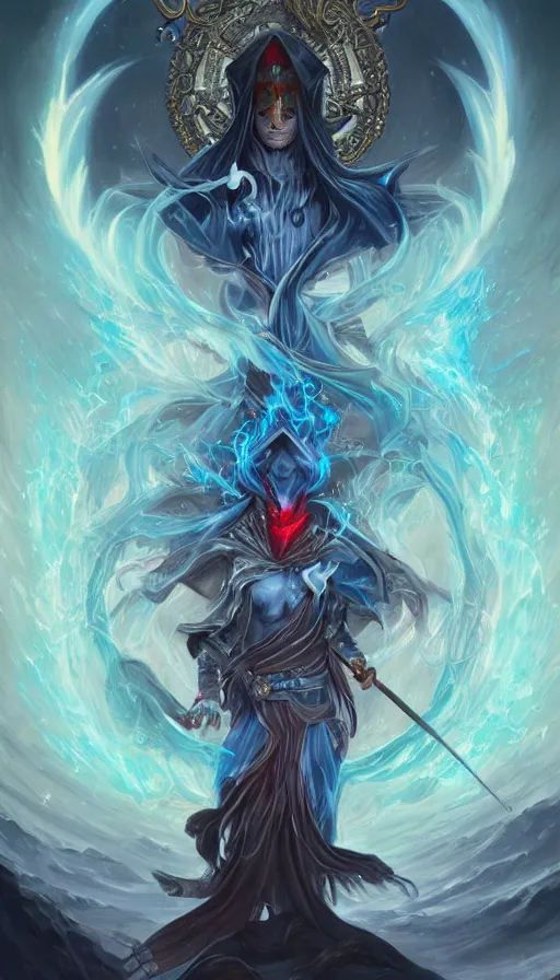 Prompt: highly detailed all powerful god made of pure energy with swords leviating and piercing blue eyes and a hooded face by peter mohrbacher, background temple of cold obsidian by Kelly Mckernan, trending on artstation, HD, 8k,