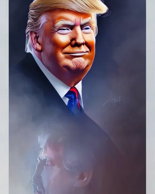 Prompt: donald trump with a smirky smile painted by artgerm and greg rutkowski, clear highly detailed, beautiful sci fi art, blue rim lighting