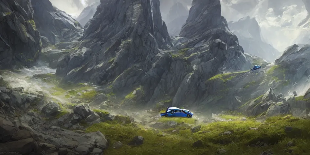 Image similar to wide angle, blue knight, green hatchback car, glacier landscape, norway, D&D, fantasy, intricate, elegant, highly detailed, digital painting, artstation, octane render, concept art, matte, sharp focus, illustration, hearthstone, art by Artgerm and Greg Rutkowski and Alphonse Mucha