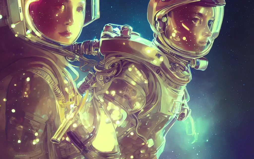 Image similar to portrait armored astronaut girl floating at space, ssci-fi, neon light and fantasy, intricate and very very beautiful and elegant, highly detailed, digital painting, artstation, concept art, smooth and sharp focus, illustration, art by tian zi and WLOP and alphonse mucha