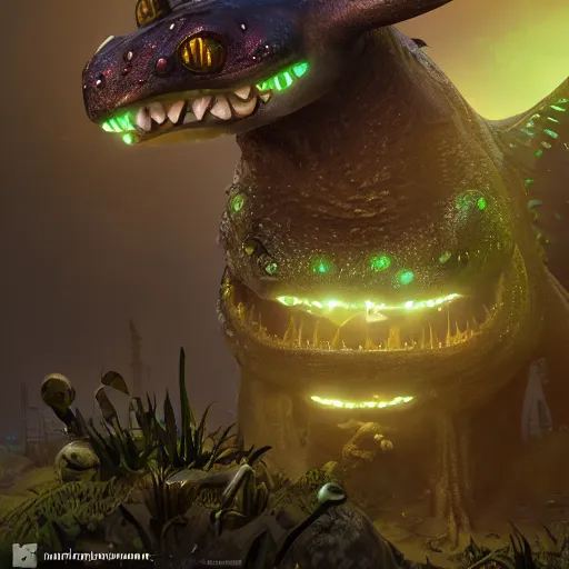 Prompt: realistic bioluminescent toothless on a steampunk biome, art style by borderlands, detailed, studio shot, unreal engine 5, octane, high definition, smooth, artstation, behance