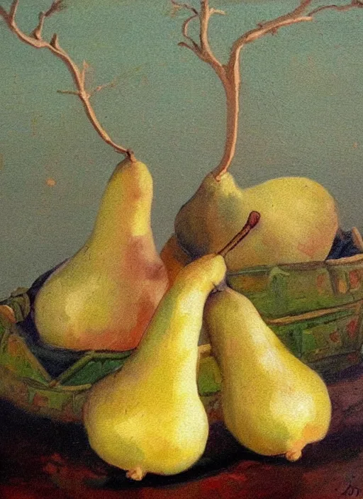 Prompt: vintage beautiful painting of the thief of pears