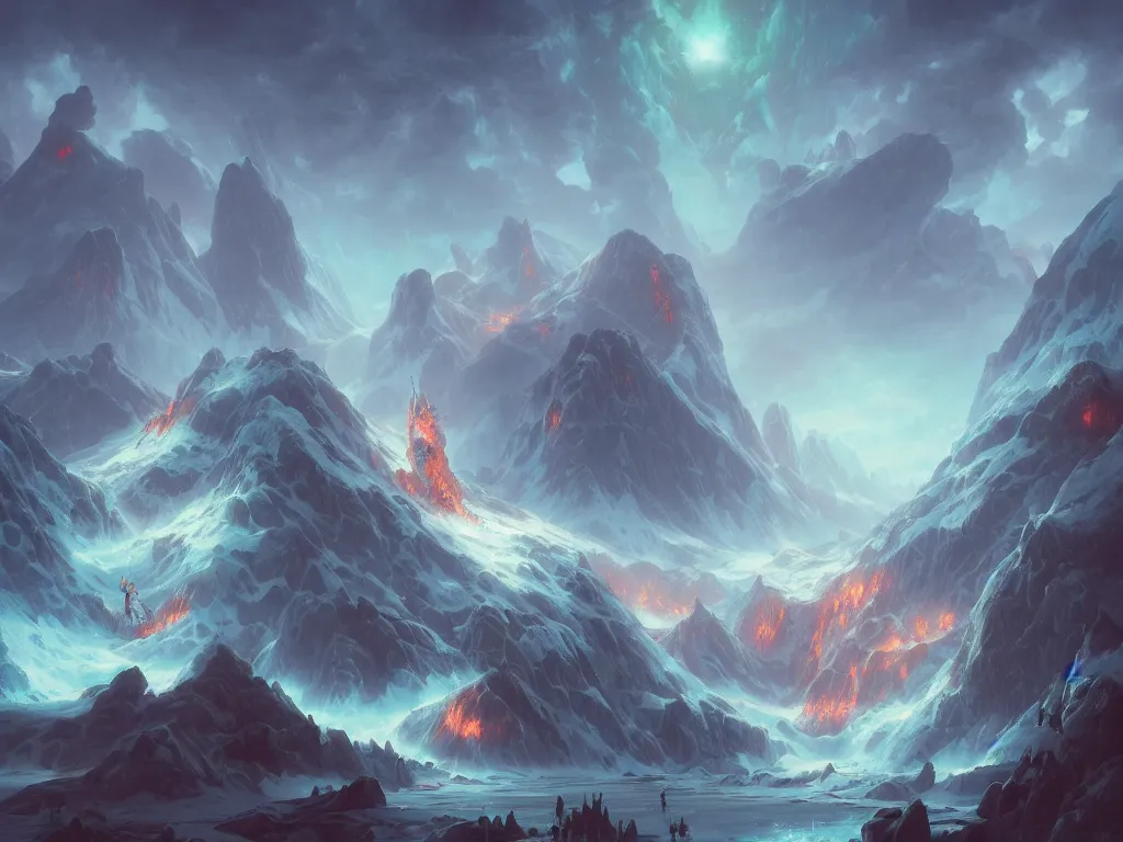 Image similar to mountain reaches into the sky, huge daragons breathing ice and fire by peter mohrbacher and dan mumford and nekro, cgsociety, volumetric light, 3 d render