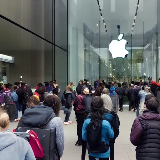 Prompt: a photo of a long line of people, outside an apple store, waiting to buy the latest apple product, city environment, morning, rainy weather, crowded streets, volumetric lighting, hyper realistic, ultra detailed, 8 k
