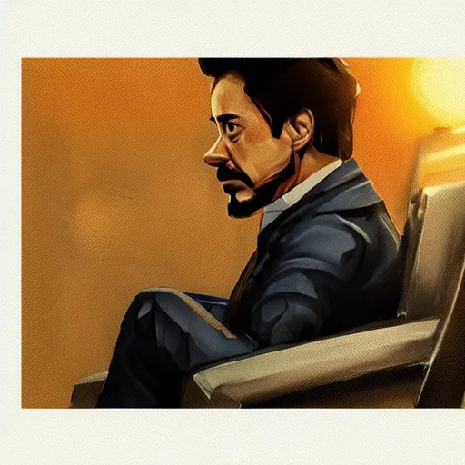 Image similar to concept art of tony stark sitting in an armchair in a room with the setting sun, cinematic shot, painting by jama jurabaev, extremely detailed, brush hard, artstation, high quality, brush stroke