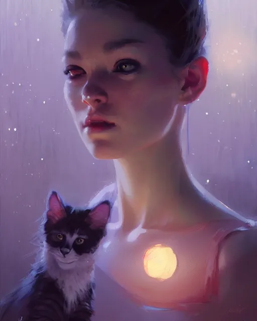 Image similar to a potrait of a space fanstasy cat, fine details. night setting. realistic shaded lighting poster by ilya kuvshinov katsuhiro, artgerm, jeremy lipkin and michael garmash, unreal engine, radiant light, detailed and intricate environment, digital art, trending on art station