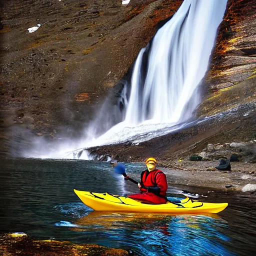 Image similar to a kayak kayaks down Takakkaw Falls, photograph in the style of National Geographic