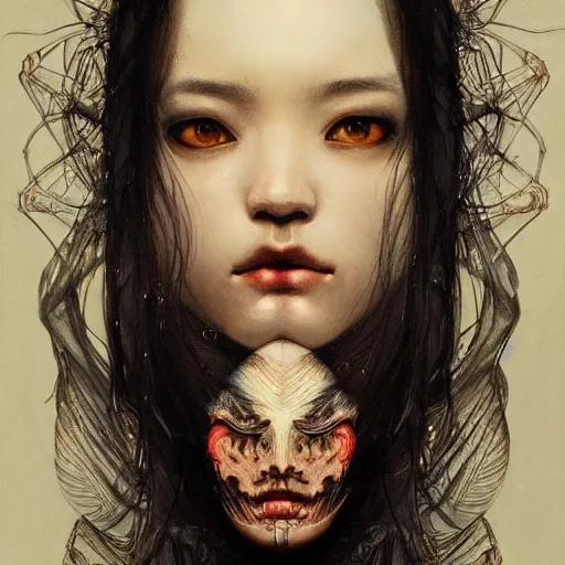 Prompt: Kiko Mizuhara, physically accurate, dramatic dynamic lighting, intricate, elegant, highly detailed, digital painting, artstation, very hyperrealistic, HR GIGER, Hieronymus Bosch, Francis Bacon, concept art, smooth, sharp focus, illustration, art by artgerm and greg rutkowski and alphonse mucha