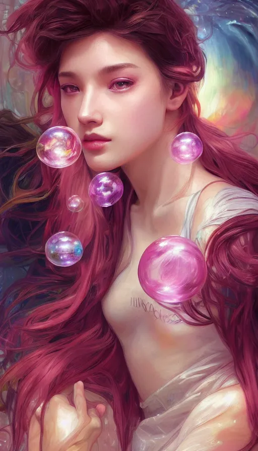 Image similar to man gets samsung galaxy 2 2, dreamy and ethereal, expressive pose, big pink eyes, exciting expression, fantasy, intricate, elegant, many rainbow bubbles, rose tones, highly detailed, digital painting, artstation, concept art, cyberpunk wearing, smooth, sharp focus, illustration, art by artgerm and greg rutkowskiand alphonse mucha