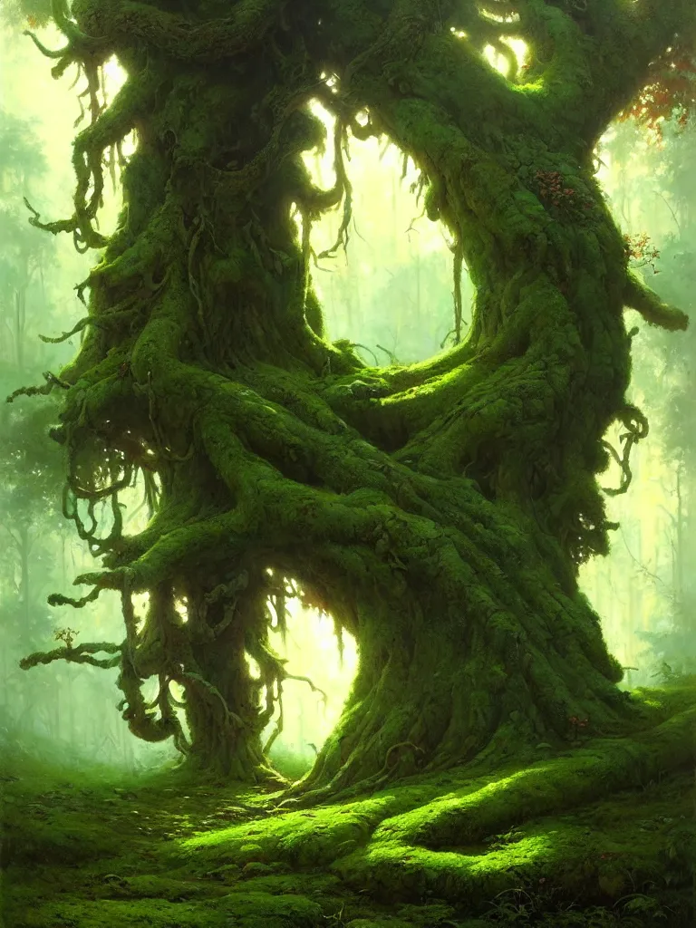 Image similar to great fat tree with a moss in the woods by bayard wu, anna podedworna, gaston bussiere, greg rutkowski