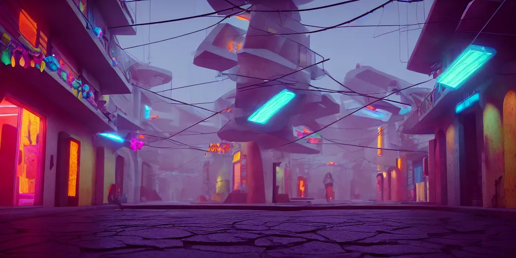 Image similar to angled view of a futuristic small mexican town cobbled street, blade runner 2 0 4 9 city architecture, mexican dia de muertos hanging paper decorations, environmental lighting, stromy weather, ray tracing, amazing view, highly detailed, neon shops, octane render, unreal engine 5, 4 k