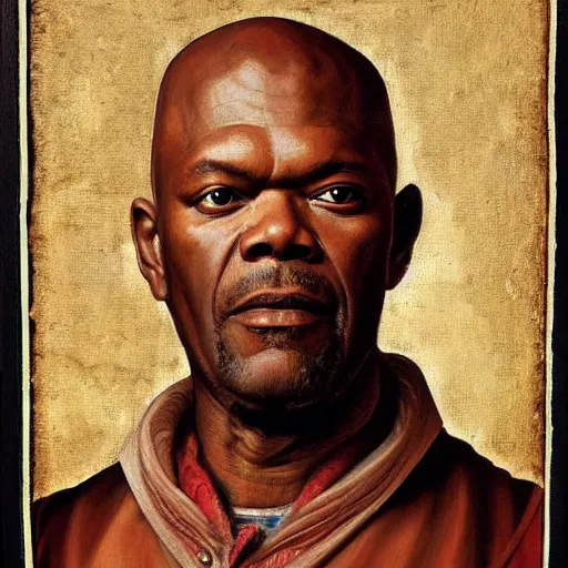 Image similar to a renaissance style portrait painting of Samuel L. Jackson