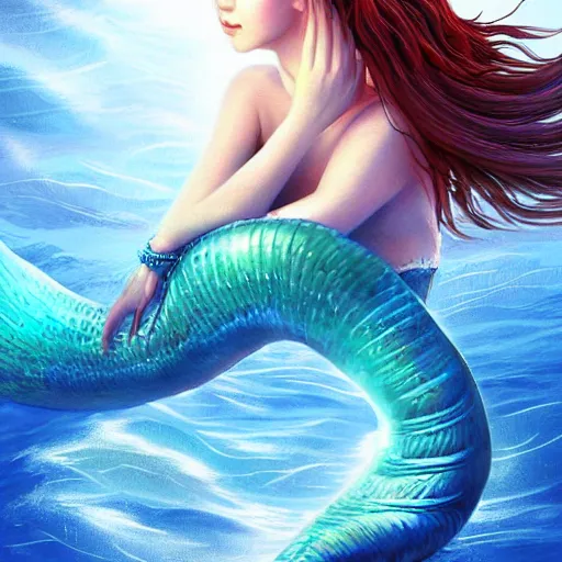 Prompt: digital art photoshop illustration of a beautiful mermaid in the style of kan liu and zeronis, trending on artstation, realistic, detailed, hyperrealism, pop art, cel - shaded, 8 k resolution, deviantart, fantasy