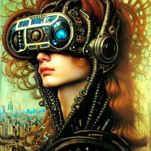 Prompt: intricate detail, exquisite detail, cyberpunk neuromancer hacker wearing intricate ornate vr headset, detailed, sandro botticelli, gaston bussiere, h. r. giger, richard hescox, gilbert williams, masterpiece, sharp focus,