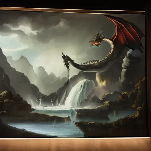 Image similar to oil painting of a dragon flying in the air near a cave with a waterfall in the center, light emanating from the waterfall leading to a big pool of water, dragon has black and white stripes, elegant, sharp focus, wide shot, clear, detailed, early renaissance