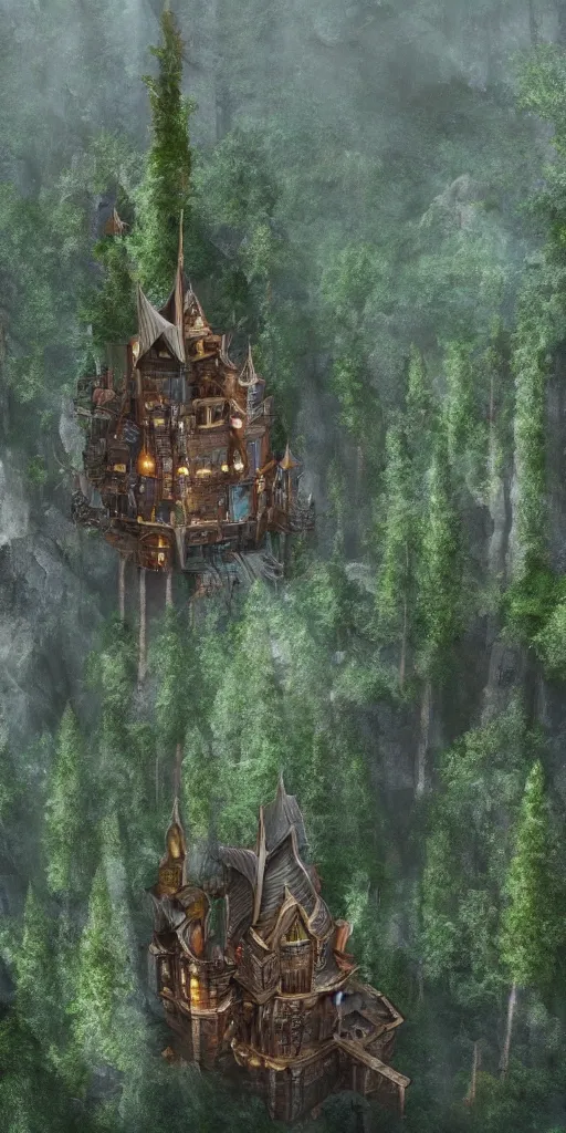 Prompt: A fantasy Palace towering high above the trees in a deep valley surrounded by mountains, 4k