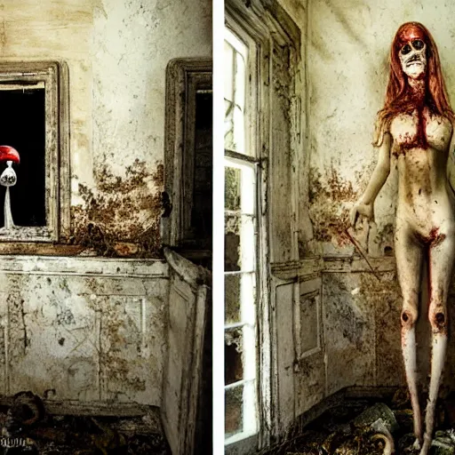 Prompt: inside the abandoned house, scary Mushrooms by david stoupakis