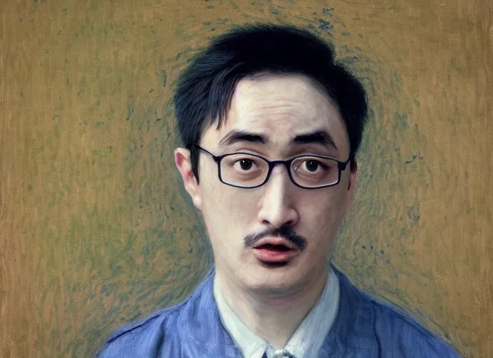 Image similar to Filthy Frank wearing blue dirty spaghetti stained dress shirt, rule of thirds, accurately portrayed, portrait art by Claude Monet, highly detailed, digital painting, concept art, illustration, imperial Japanese flag background, trending on artstation, very detailed, smooth, sharp focus, octane render, close up