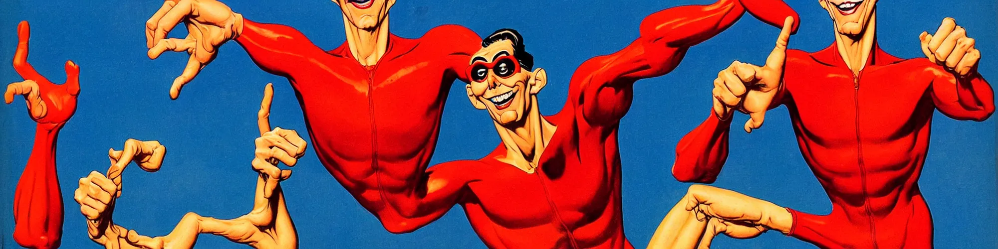 Image similar to plasticman showing off his weird limbs illustrated by norman rockwell with very long hands and arms and fingers and legs and feet twirling and twisting around on a very sunny day in another dimension, funny, silly