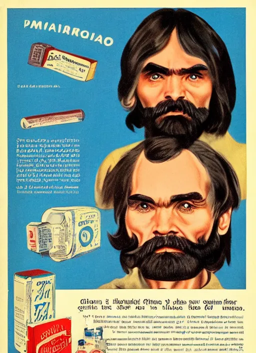 Prompt: vintage pharmaceutical advertisement depicting charles manson as a member of the blue man group