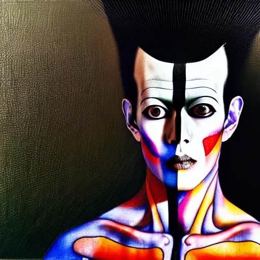 Prompt: yoshitaka amano blurred and dreamy realistic three quarter angle portrait of a aladdin sane with black lipstick and black eyes wearing dress suit with tie, junji ito abstract patterns in the background, satoshi kon anime, noisy film grain effect, highly detailed, renaissance oil painting, weird portrait angle, blurred lost edges