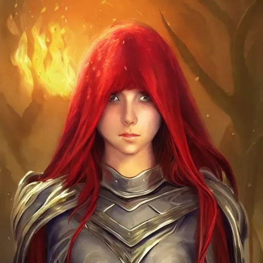 Image similar to a female elven cleric with red long hair, very good beautiful heavy scale armor, wearing a cape, casting a fire spell, dungeon background, magical, bright, colorful, fantastic lighting, amazing details, 4 k uhd, illustration by stephanie brown and mingchen shen and ilya kuvshinov, artstation, pixiv, concept art,