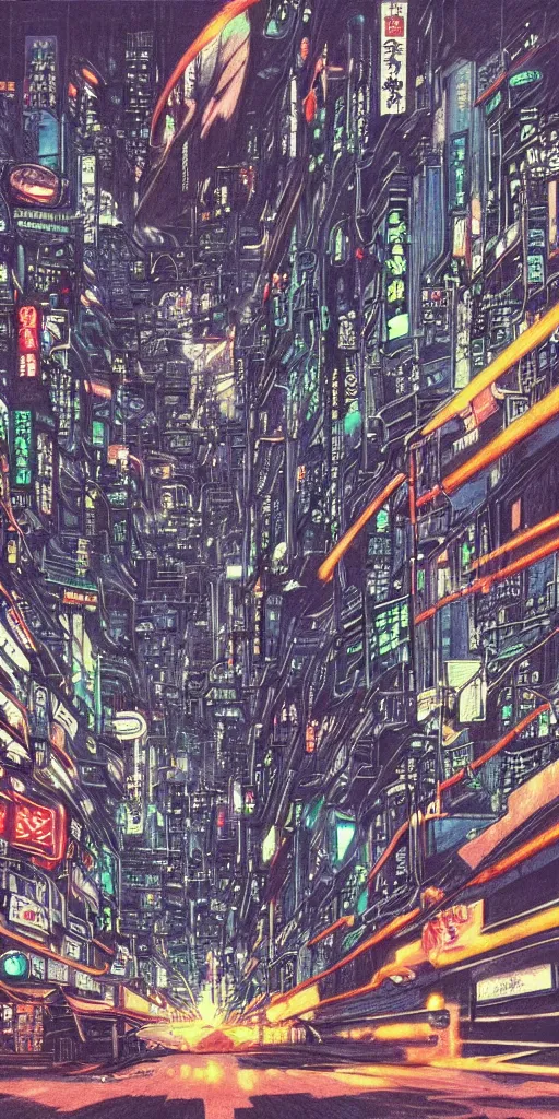 Image similar to beautiful and detailed anime drawing of an AKIRA-like cyberpunk city landscape with light trail from a motorcycle at the bottom and a bridge silhouette at the top, japan at night, 1980s, by Katsuhiro Otomo and mamoru oshii, wide angle, worm\'s eye view, grand, clean, colorful