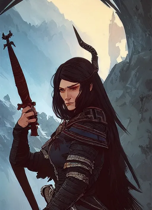 Image similar to concept art of a dangerous dark haired female warlord. witcher 3 character design by laurie greasley and sherree valentine daines concept art, matte, sharp focus, illustration, hearthstone, art by artgerm and greg rutkowski and alphonse mucha