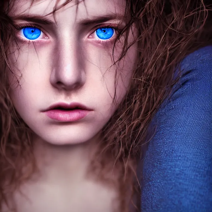 Image similar to dramatic photographic Close-up face of a extremely beautiful girl with blue eyes and light brown hair ,four fingers maximum, high light on the left, non-illuminated backdrop, illuminated by a dramatic light, Low key lighting, light dark, High constrast, dramatic , Flora Borsi, Alessio Albi, Steve Mccurry, Lee Jeffries , Norman Rockwell, Craig Mulins ,dark background, high quality, photo-realistic, 8K,