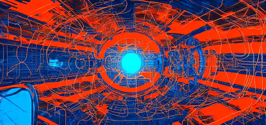 Image similar to sci - fi mothership interior or exteror - machinery, tubes wires path intricate matte painting masterpiece orange blue warm tones quiet