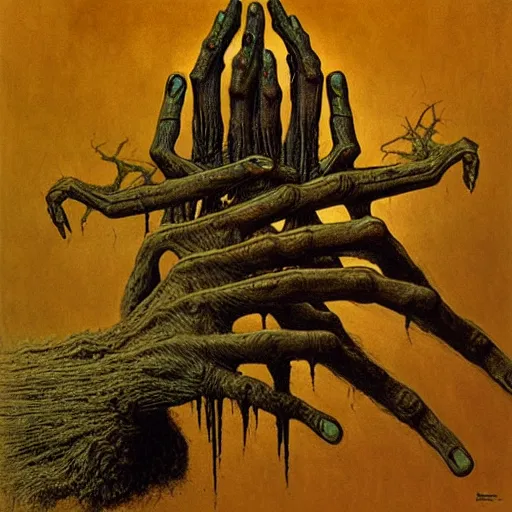 Prompt: hand with six arms by Zdzislaw Beksinski and H.R. Giger