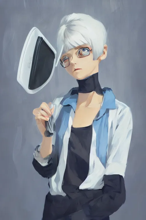 Image similar to a cute girl with cut to shoulder white hair wearing school uniform, strong brush stroke, sharp focus, illustration, morandi color scheme, art station, by ilya kuvshinov