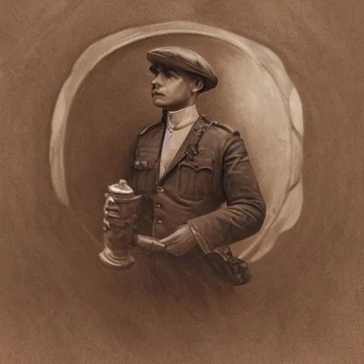 Prompt: a detailed photorealistic sepia - toned color portrait painting of a 1 9 1 7 worried clean - shaven british lieutenant in detailed field gear wearing a finely - detailed pith helmet in wadi rum examining an ancient cylindrical clay jar, ultra realistic, intricate details, atmospheric, dark, horror, brooding, highly detailed, by clyde caldwell