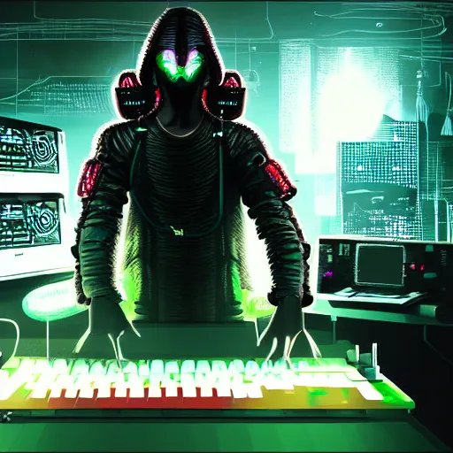 Image similar to cyberpunk cthulhu with headphones playing synthesizers, lights, lasers, music, highly detailed, realistic,