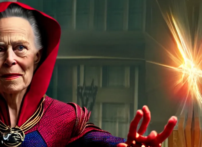 Prompt: film still of barbara bush as dr strange using magic in multiverse of madness, 8 k