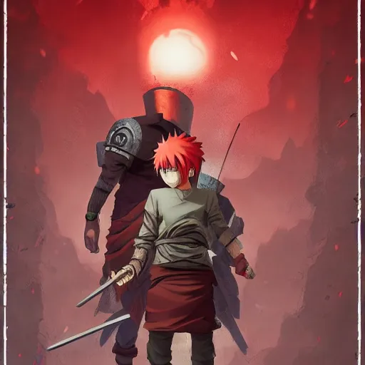 Image similar to Gaara Narutopunk Oni Shinobi at the gates of Tartarus Sand Crest Ninja Warrior Portrait Portrait Wearing Red Ninja-Yoroi Ross Tran Max Grecke Max Ernst Rossdraws Ryan Gitter Ilya Repin Final Fantasy Cover Art