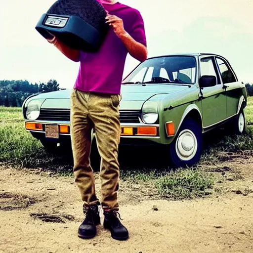 Image similar to aesthetic photo of a guy with curly hair and colored clothes holding a big black speaker in front of a raw of parked Fiat Uno 70s style hippie. Interlaced picture. Instagram post. Vintage.