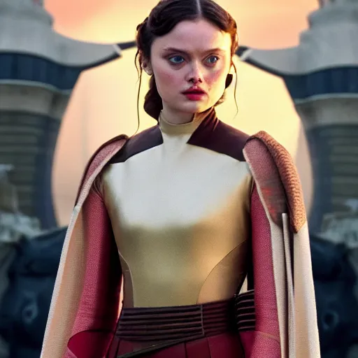 Image similar to bella heathcote as padme amidala on naboo golden hour cinematic