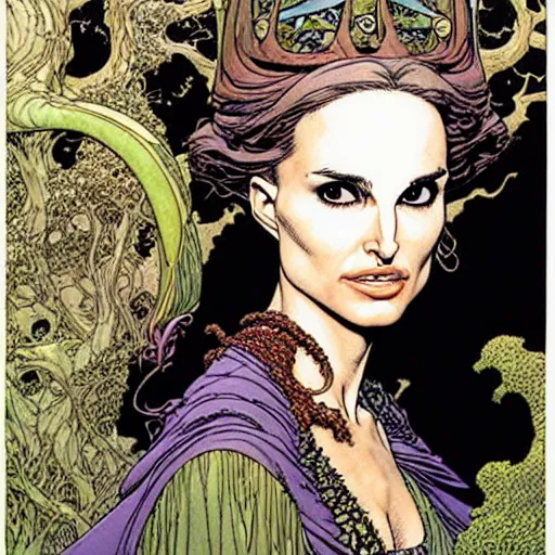 Image similar to a realistic portrait of natalie portman as a druidic wizard by rebecca guay, michael kaluta, charles vess and jean moebius giraud