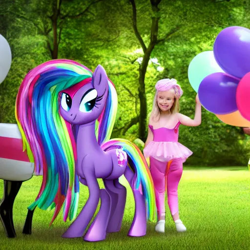 Image similar to (my little pony) giving rides to children at a birthday party in the city park. balloons, cake, presents, crazy, road trip, havoc, 8K, 4K, digital art, cgsociety, realistic photograph