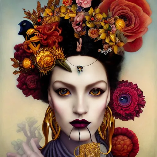 Prompt: dynamic composition, a painting of a woman with hair of flowers and raven plummage wearing ornate earrings, a surrealist painting by tom bagshaw and jacek yerga and tamara de lempicka and jesse king, featured on cgsociety, pop surrealism, surrealist, dramatic lighting, wiccan, pre - raphaelite, ornate gilded details