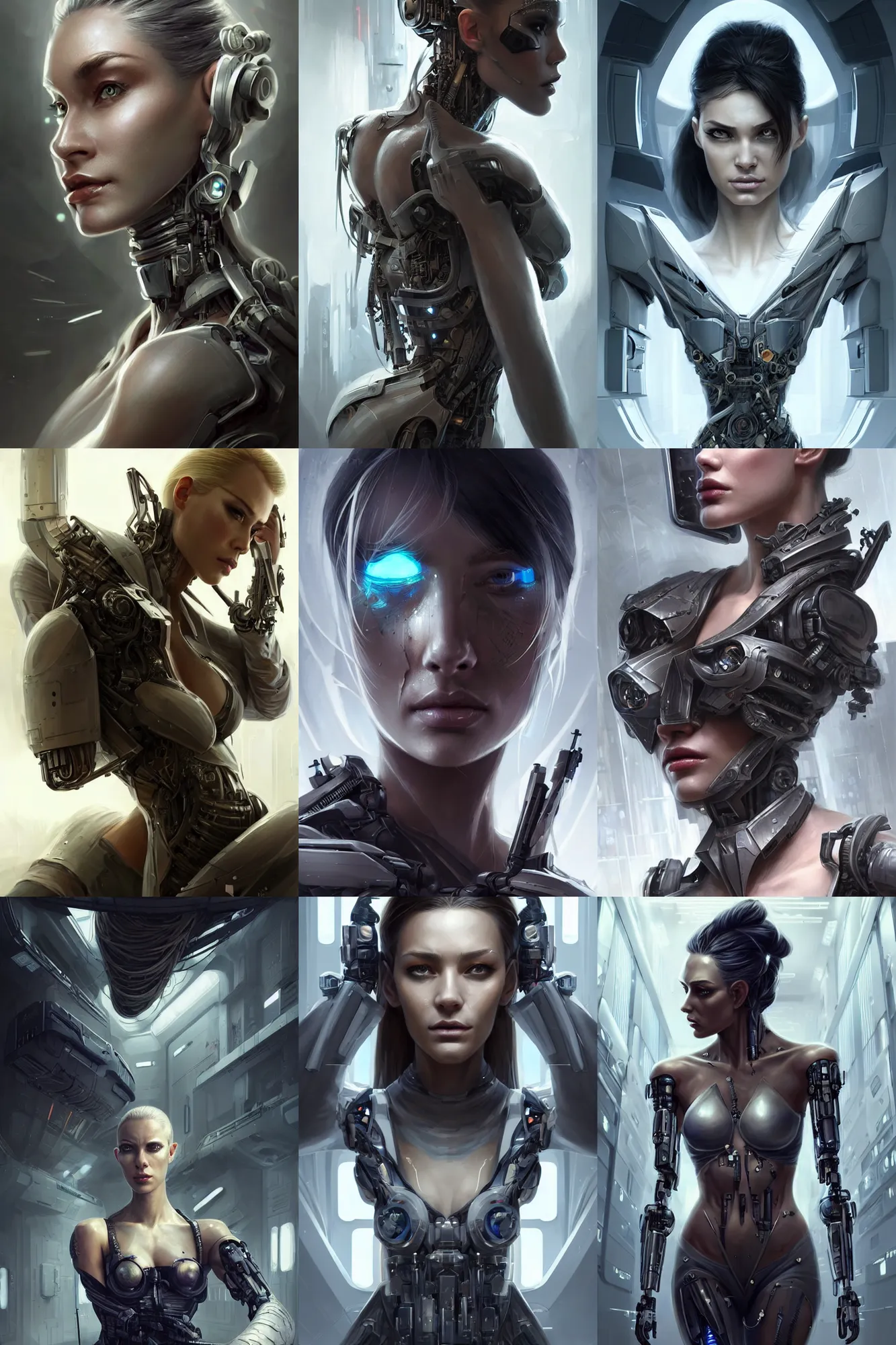 Prompt: stunning concept illustration, beautiful alluring damaged top secret assassin cyborg being put back together in an super advanced military medical bay, gorgeous face, smooth skin, cyberpunk, sci - fi, fantasy, intricate, elegant, highly detailed, digital painting, artstation, concept art, smooth, sharp focus, beautiful matte painting, art by artgerm and greg rutkowski and alphonse mucha