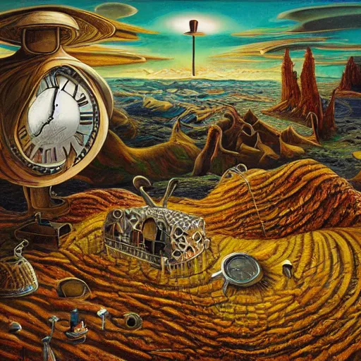 Image similar to surrealist landscape, clock melting, ant city, painting, highly detailed